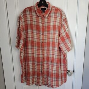 Lands End Mens XL/Tall Linen Traditional Fit Short Sleeve Shirt Plaid Orange